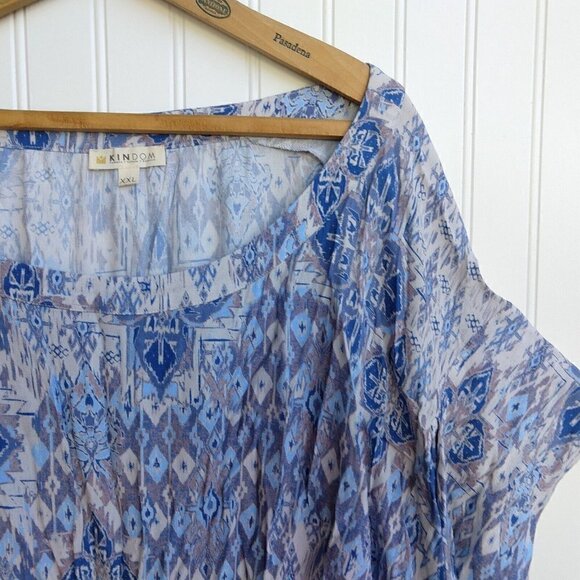 Women's Boho Ikat Print Tunic Top Size XXL 2XL Blue Short Sleeve Kindom Viscose - Picture 3 of 10